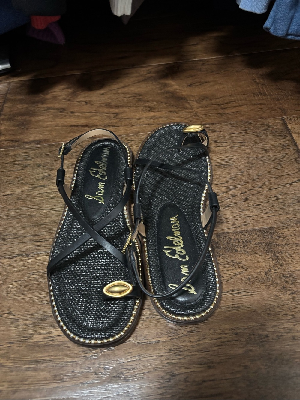 Sam Edelman Black Leather Crisscross Sandals with Gold Accents